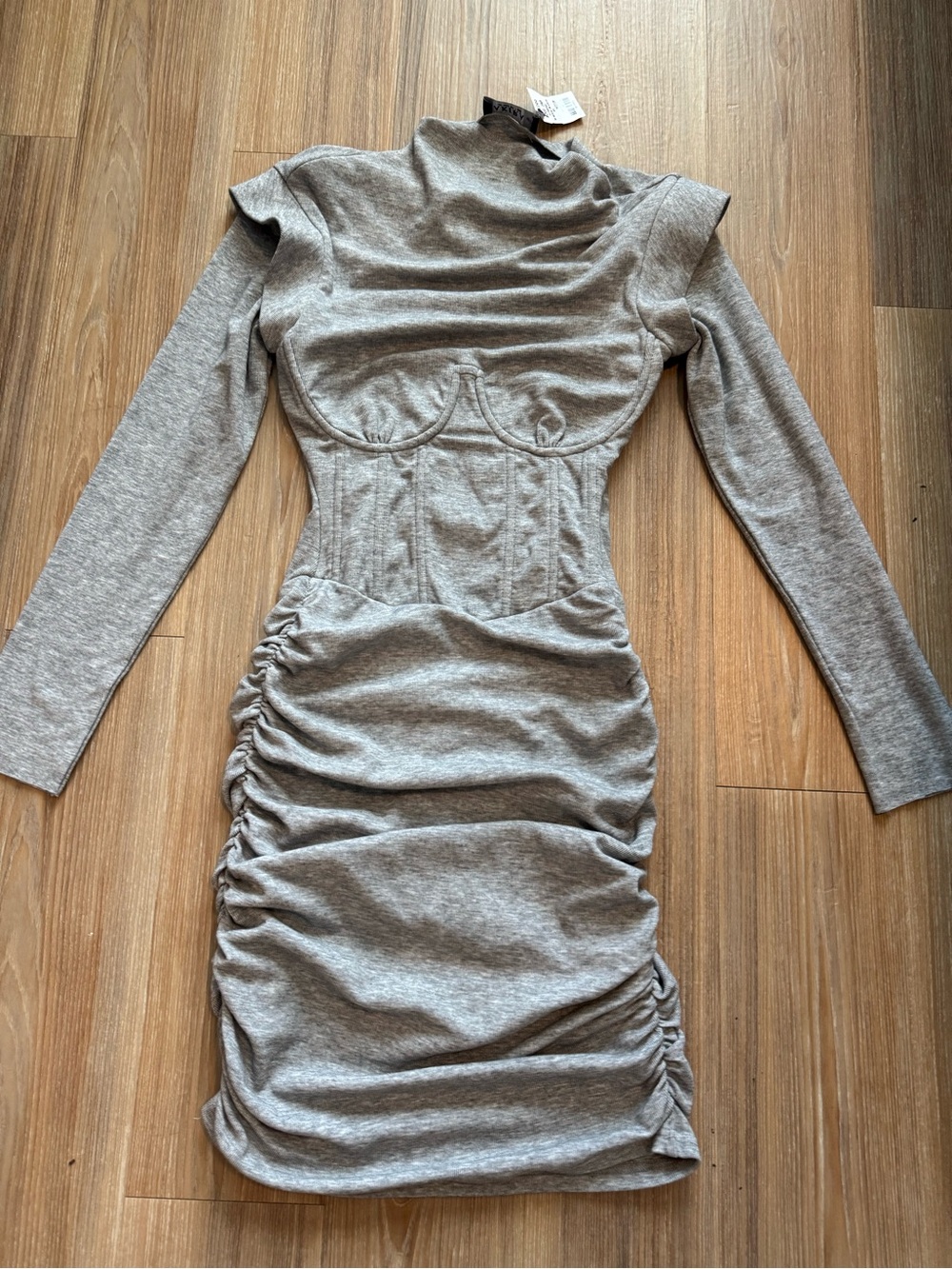 AKIRA Gray Long-Sleeve Ruched Corset Bodycon Dress